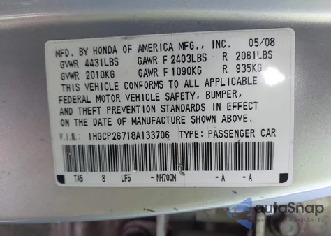 2008 Honda Accord 2.4 Ex z USA, uszkodzony, nr VIN 1HGCP26718A133706